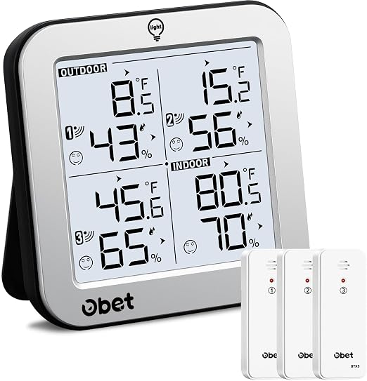 Indoor Outdoor Thermometer Wireless with 3 Sensors Weather Station Temperature Humidity Monitor 500ft Range and Adjustable