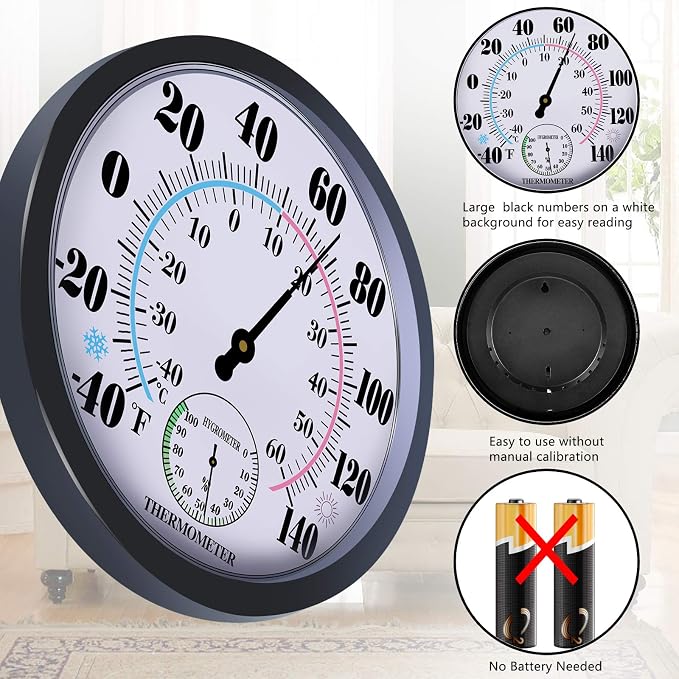 Indoor Outdoor Thermometers Hygrometer - 10 Inch Outdoor Thermometer for Patio, No Battery Needed Large Outside Thermometer