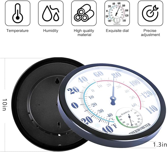 Indoor Outdoor Thermometers Hygrometer - 10 Inch Outdoor Thermometer for Patio, No Battery Needed Large Outside Thermometer