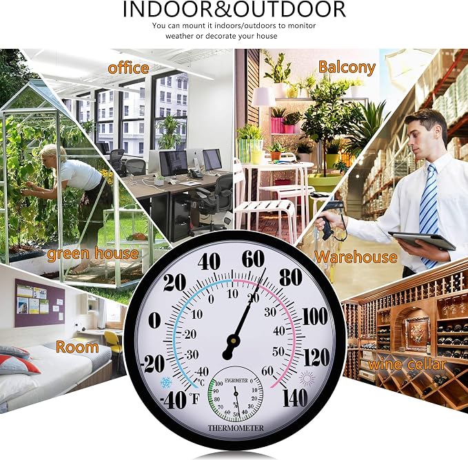 Indoor Outdoor Thermometers Hygrometer - 10 Inch Outdoor Thermometer for Patio, No Battery Needed Large Outside Thermometer