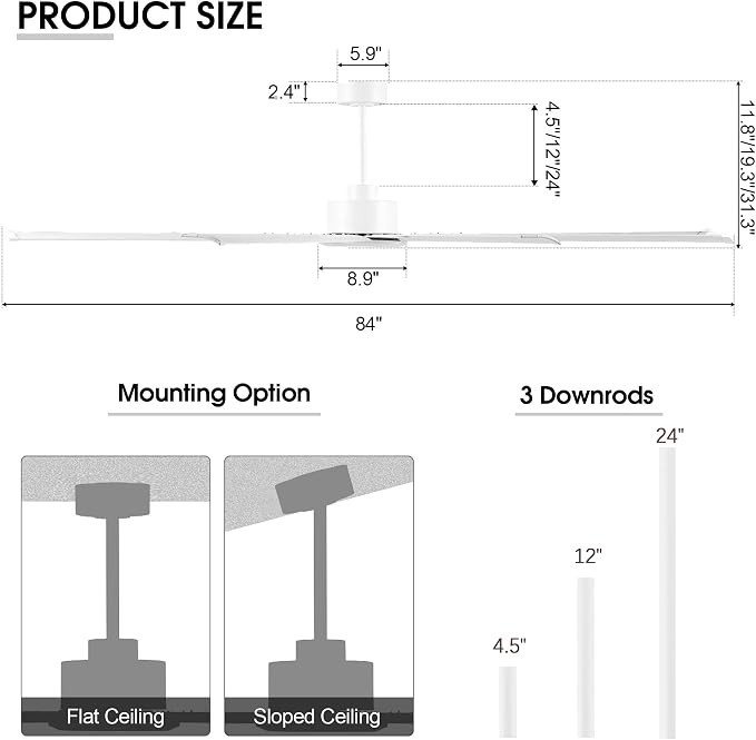 Industrial Ceiling Fan No Light 84", 9 Aluminum Blades, 6 Speed Remote Control, Reversible DC Motor, for Home and Commercial
