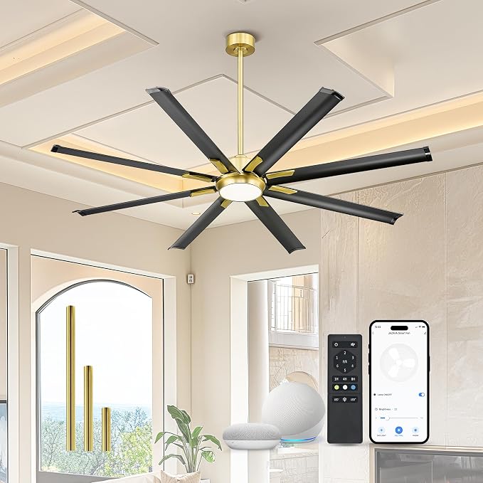 Industrial Ceiling Fan With Light,72 Inch Black & Gold Ceiling Fan With 8 Aluminium Metal Blades,Works with Voice