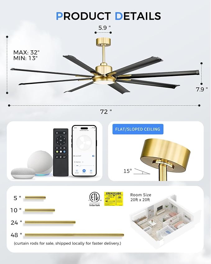 Industrial Ceiling Fan With Light,72 Inch Black & Gold Ceiling Fan With 8 Aluminium Metal Blades,Works with Voice