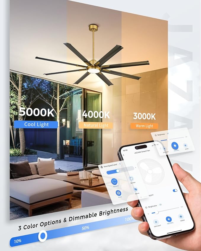 Industrial Ceiling Fan With Light,72 Inch Black & Gold Ceiling Fan With 8 Aluminium Metal Blades,Works with Voice