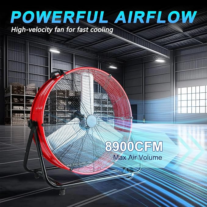 Industrial Fan 24 Inch Heavy Duty Drum 3 Speed 8900 CFM Air Circulation High Velocity Fan For Warehouse, alternate view 2