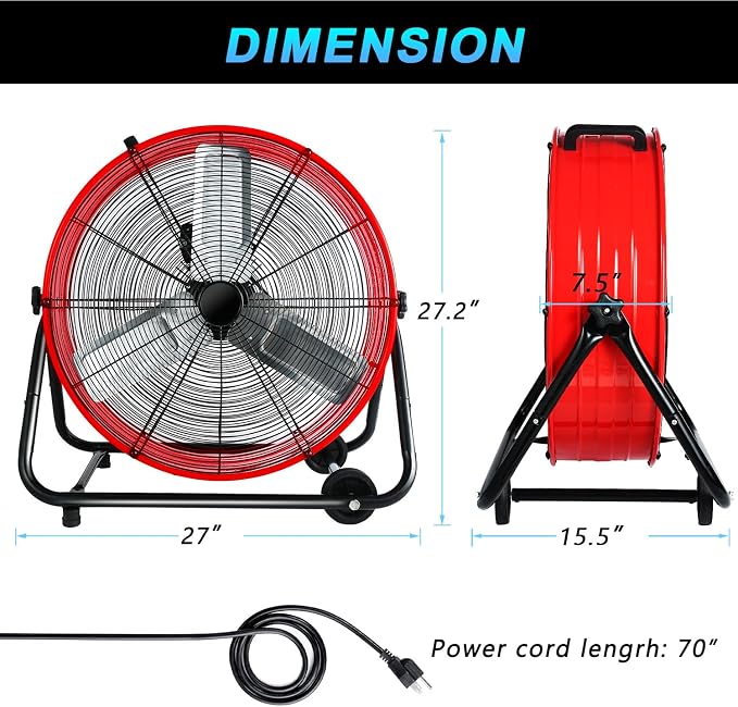 Industrial Fan 24 Inch Heavy Duty Drum 3 Speed 8900 CFM Air Circulation High Velocity Fan For Warehouse, alternate view 3