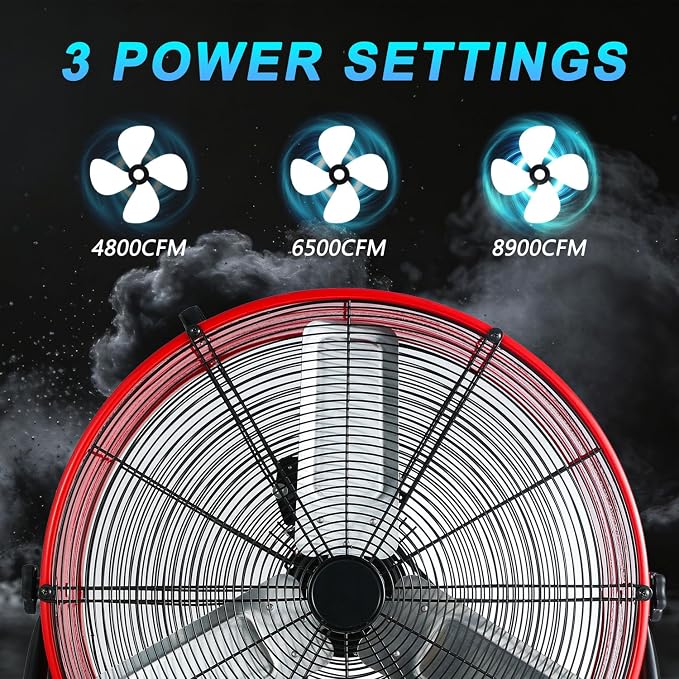 Industrial Fan 24 Inch Heavy Duty Drum 3 Speed 8900 CFM Air Circulation High Velocity Fan For Warehouse, alternate view 5