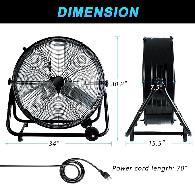 Industrial Fan 30 Inch Heavy Duty Drum 3 Speed 13000CFM Air Circulation High Velocity Fan For Warehouse, Workshop, Factory