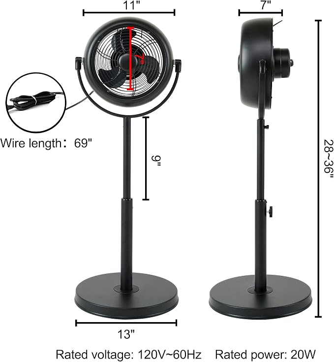 Industrial Retro Pedestal Fan, 360° Rotatable Stand Fan, 3 Speed Adjustable, Adjustable Height Pedestal Stand Fan, alternate