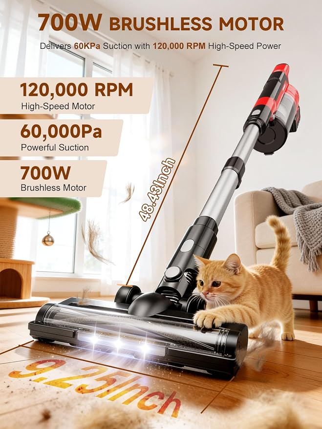 60KPa Cordless Vacuum Cleaner for Home, 700W Brushless Motor Handheld Vacuum, Dual 8000mAh Batteries, Up to 70-Min