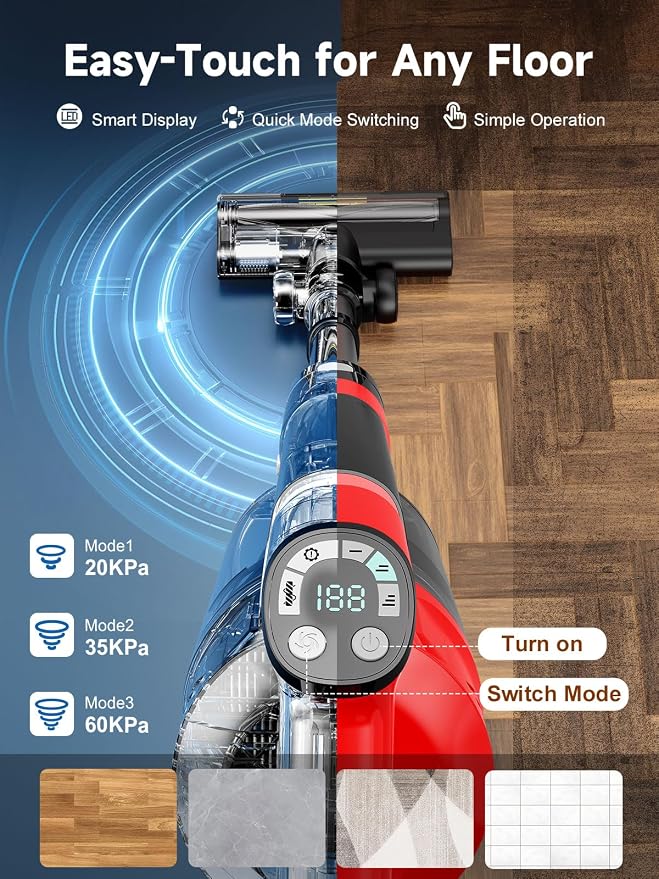 60KPa Cordless Vacuum Cleaner for Home, 700W Pet Vacuum, 70-Min Runtime, Lightweight, Rechargeable 8000mAh Dual