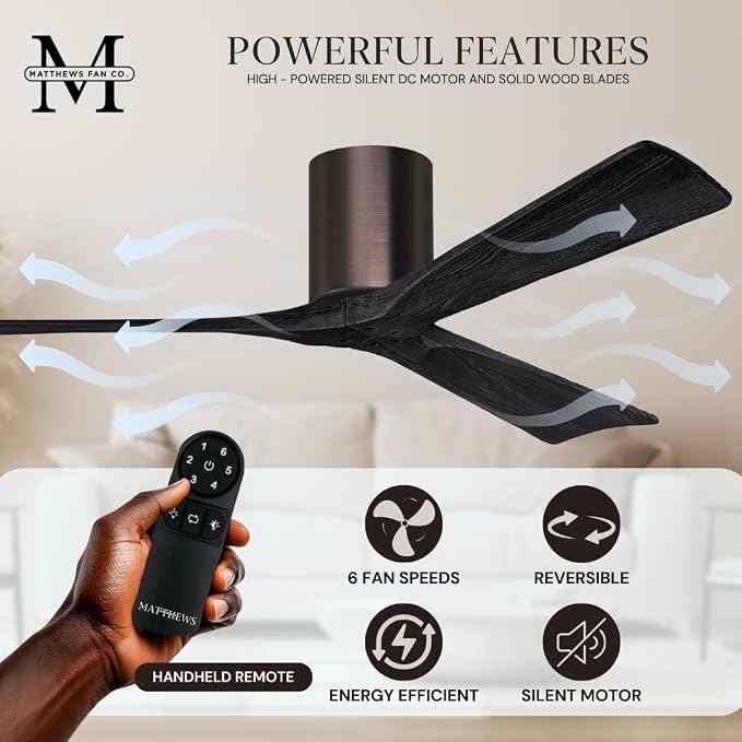 IR3H-BB-BK-52 Irene Damp Rated Flush Mount 52" Ceiling Fan with Remote & Wall Control, Silent DC Motor, 3 Matte Black Solid