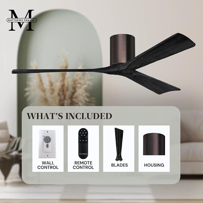 IR3H-BB-BK-52 Irene Damp Rated Flush Mount 52" Ceiling Fan with Remote & Wall Control, Silent DC Motor, 3 Matte Black Solid
