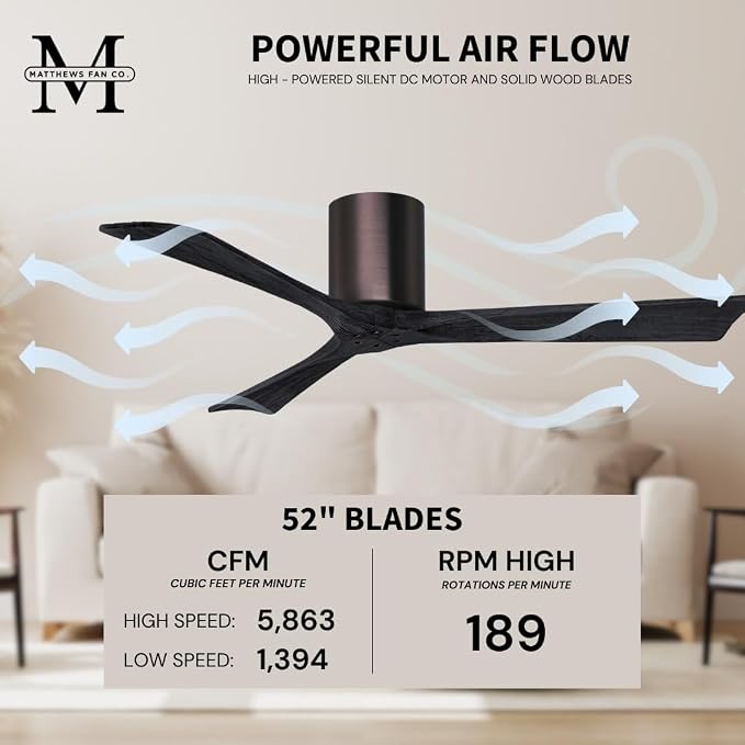 IR3H-BB-BK-52 Irene Damp Rated Flush Mount 52" Ceiling Fan with Remote & Wall Control, Silent DC Motor, 3 Matte Black Solid