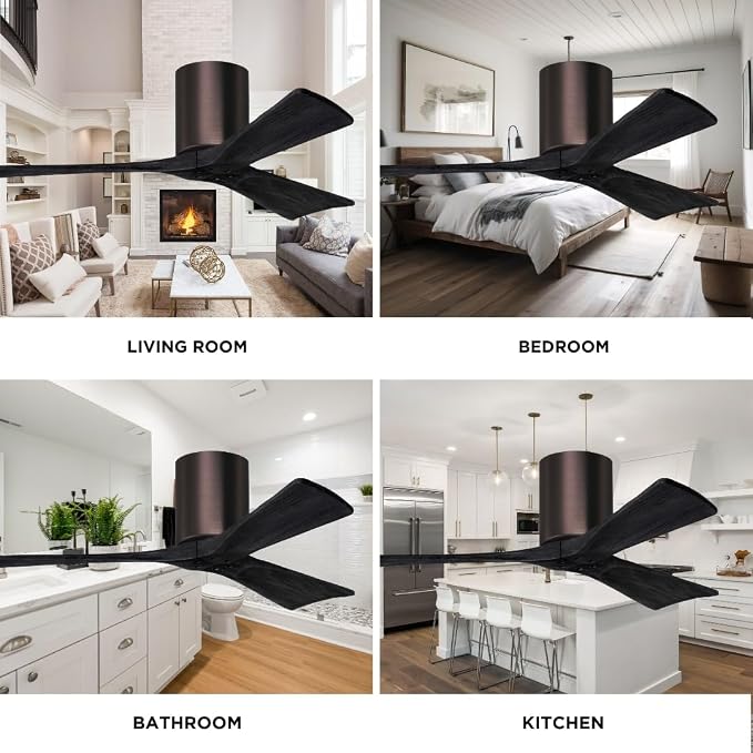 IR3H-BB-BK-52 Irene Damp Rated Flush Mount 52" Ceiling Fan with Remote & Wall Control, Silent DC Motor, 3 Matte Black Solid