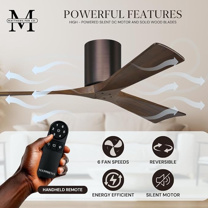 IR3H-BB-WA-72 Irene Damp Rated Flush Mount 72" Ceiling Fan with Remote & Wall Control, Silent DC Motor, 3 Walnut Tone Solid