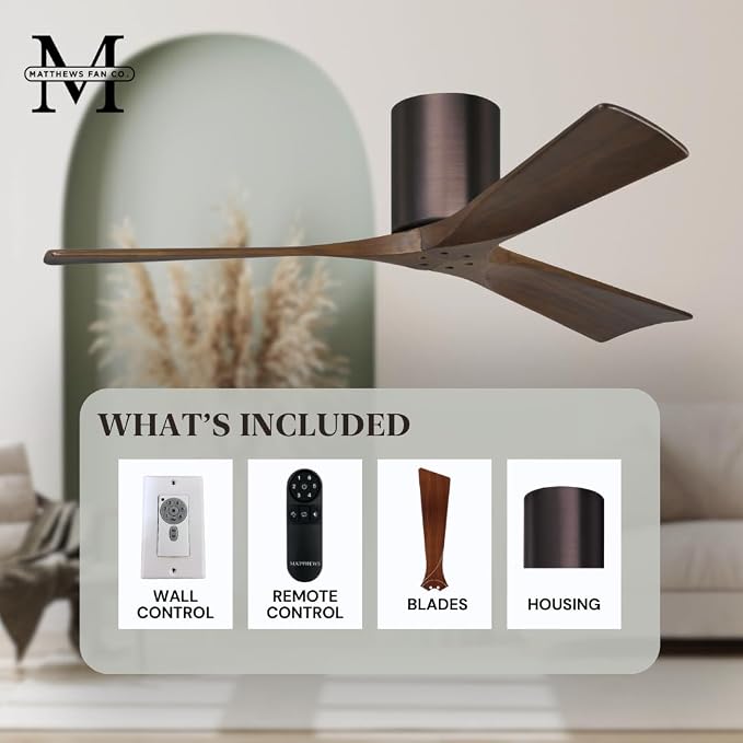 IR3H-BB-WA-72 Irene Damp Rated Flush Mount 72" Ceiling Fan with Remote & Wall Control, Silent DC Motor, 3 Walnut Tone Solid