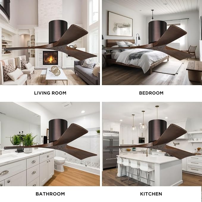IR3H-BB-WA-72 Irene Damp Rated Flush Mount 72" Ceiling Fan with Remote & Wall Control, Silent DC Motor, 3 Walnut Tone Solid