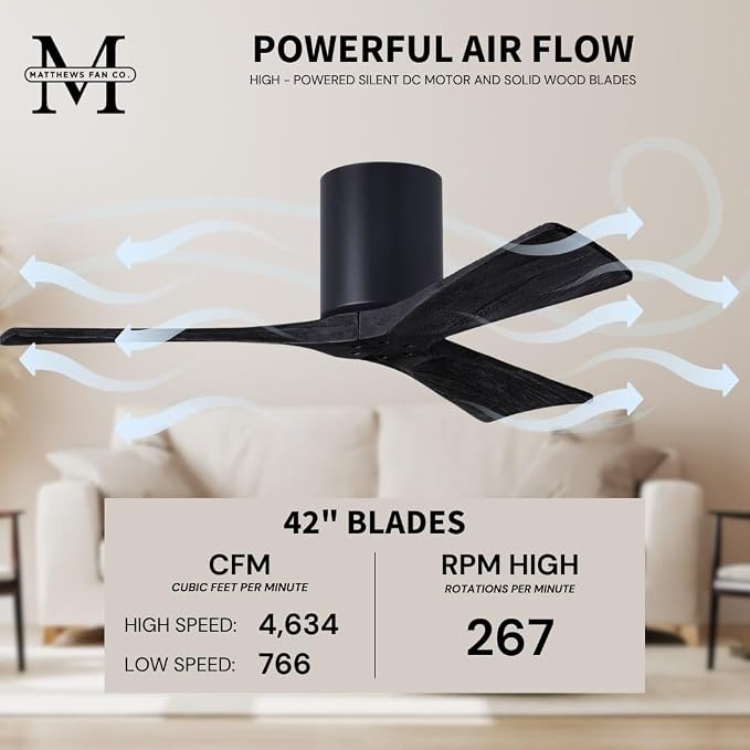 IR3H-BK-BK-42 Irene Damp Rated Flush Mount 42" Ceiling Fan with Remote & Wall Control, Silent DC Motor, 3 Solid, alternate