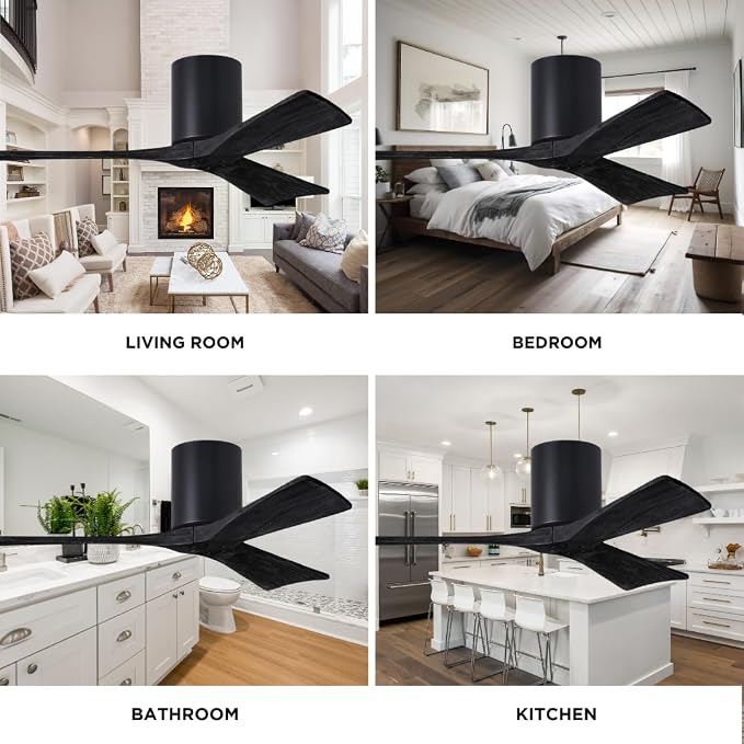 IR3H-BK-BK-42 Irene Damp Rated Flush Mount 42" Ceiling Fan with Remote & Wall Control, Silent DC Motor, 3 Solid, alternate