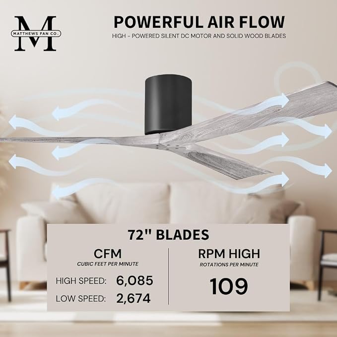 IR3H-BK-BW-72 Irene Damp Rated Flush Mount 72" Ceiling Fan with Remote & Wall Control, Silent DC Motor, 3 Barn, alternate