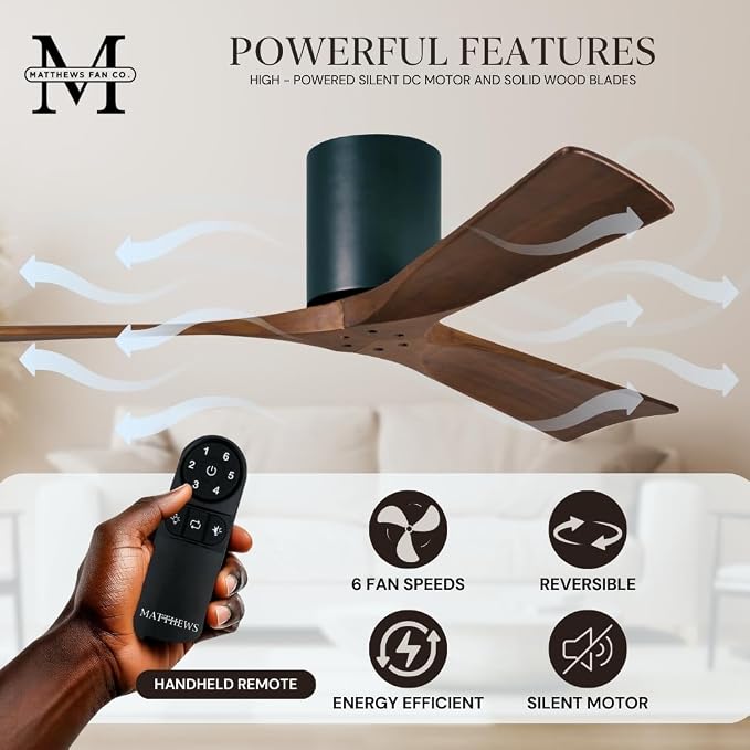 IR3H-BK-WA-72 Irene Damp Rated Flush Mount 72" Ceiling Fan with Remote & Wall Control, Silent DC Motor, 3 Walnut, alternate