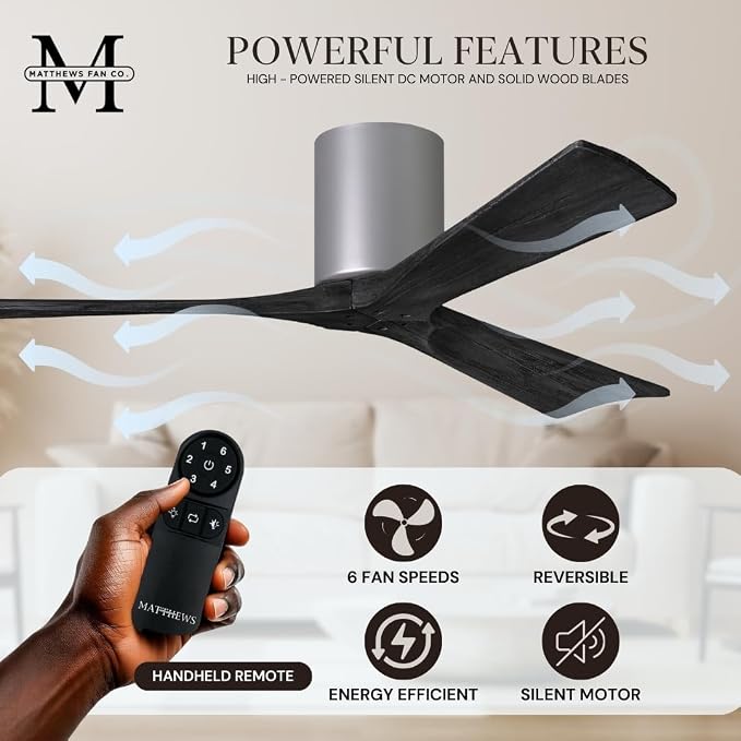 IR3H-BN-BK-42 Irene Damp Rated Flush Mount 42" Ceiling Fan with Remote & Wall Control, Silent DC Motor, 3 Matte, alternate