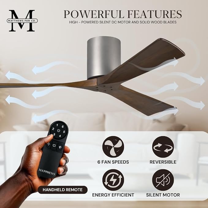 IR3H-BN-WA-72 Irene Damp Rated Flush Mount 72" Ceiling Fan with Remote & Wall Control, Silent DC Motor, 3 Walnut Tone Solid