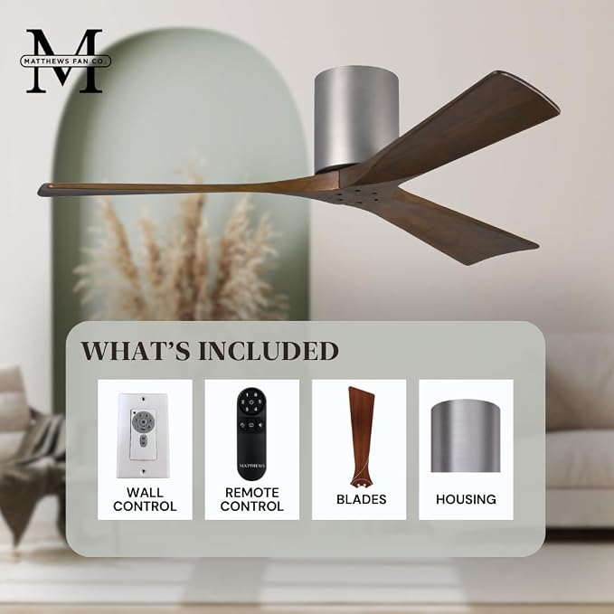 IR3H-BN-WA-72 Irene Damp Rated Flush Mount 72" Ceiling Fan with Remote & Wall Control, Silent DC Motor, 3 Walnut Tone Solid
