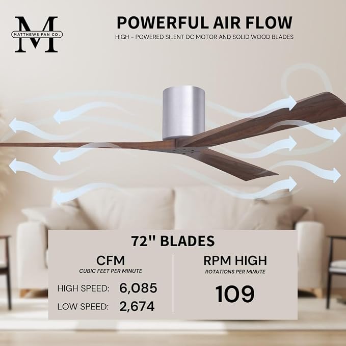 IR3H-BN-WA-72 Irene Damp Rated Flush Mount 72" Ceiling Fan with Remote & Wall Control, Silent DC Motor, 3 Walnut Tone Solid