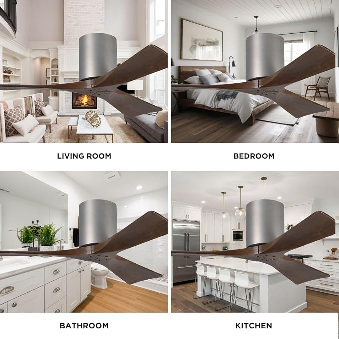 IR3H-BN-WA-72 Irene Damp Rated Flush Mount 72" Ceiling Fan with Remote & Wall Control, Silent DC Motor, 3 Walnut Tone Solid