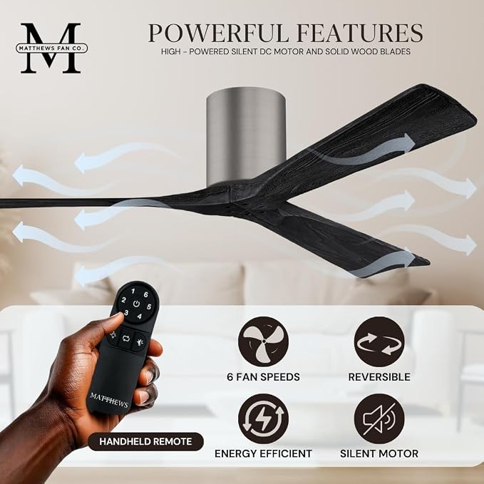 IR3H-BP-BK-52 Irene Damp Rated Flush Mount 52" Ceiling Fan with Remote and Wall Control, Silent DC Motor, 3, alternate view 2