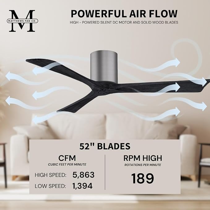 IR3H-BP-BK-52 Irene Damp Rated Flush Mount 52" Ceiling Fan with Remote and Wall Control, Silent DC Motor, 3, alternate view 4