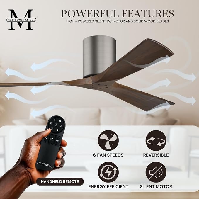 IR3H-BP-WA-72 Irene Damp Rated Flush Mount 72" Ceiling Fan with Remote & Wall Control, Silent DC Motor, 3 Walnut, alternate