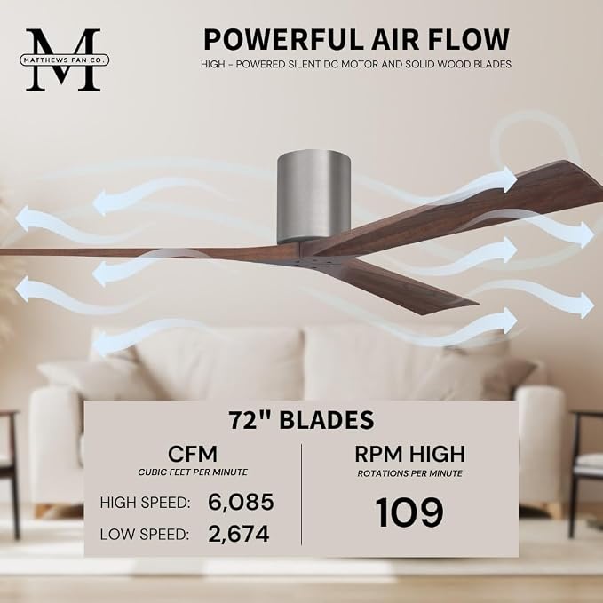 IR3H-BP-WA-72 Irene Damp Rated Flush Mount 72" Ceiling Fan with Remote & Wall Control, Silent DC Motor, 3 Walnut, alternate