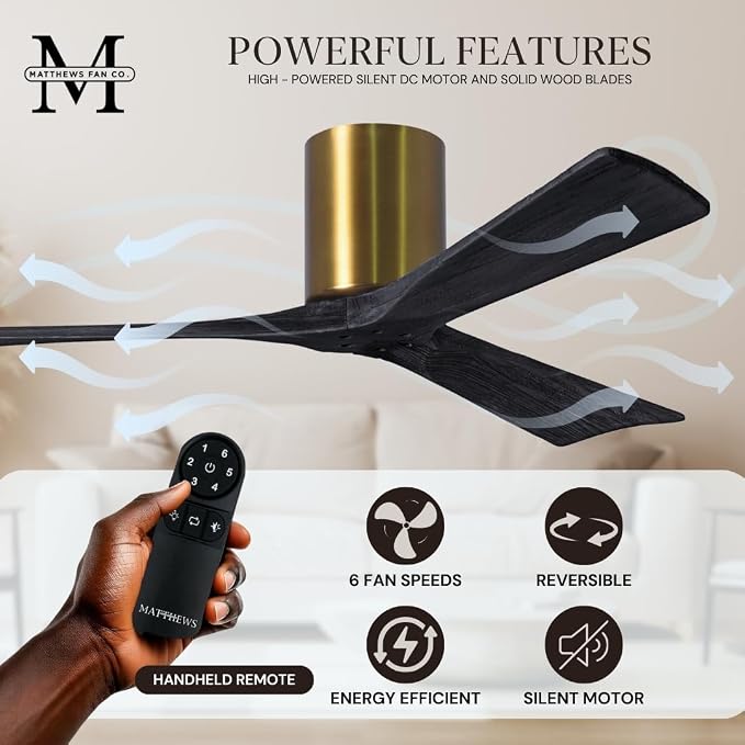 IR3H-BRBR-BK-42 Irene Damp Rated Flush Mount 42" Ceiling Fan with Remote & Wall Control, Silent DC Motor, 3 Matte Black Solid