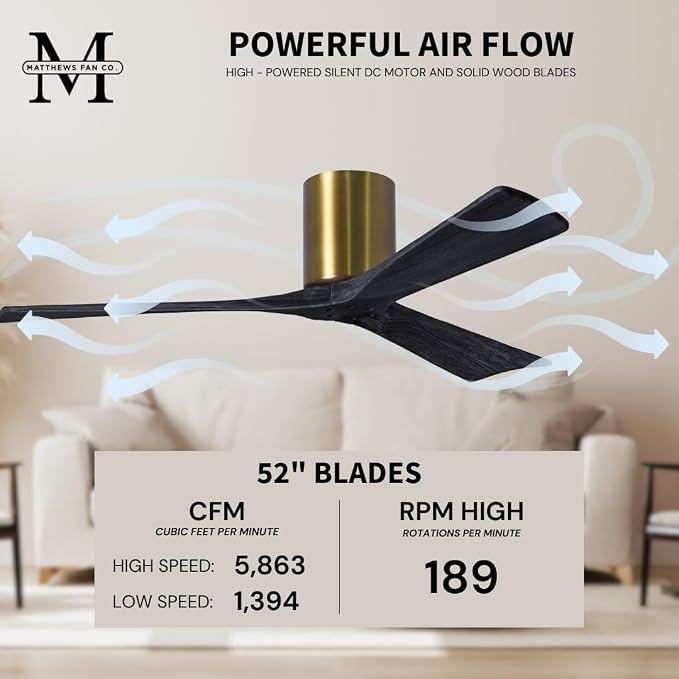 IR3H-BRBR-BK-52 Irene Damp Rated Flush Mount 52" Ceiling Fan with Remote & Wall Control, Silent DC Motor, 3 Matte Black Solid
