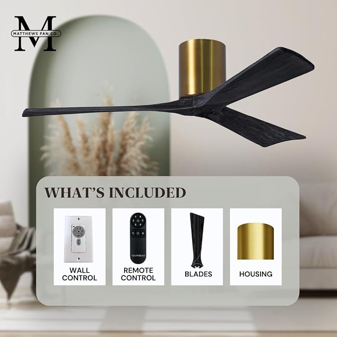 IR3H-BRBR-BK-60 Irene Damp Rated Flush Mount 60" Ceiling Fan with Remote & Wall Control, Silent DC Motor, 3 Matte Black Solid