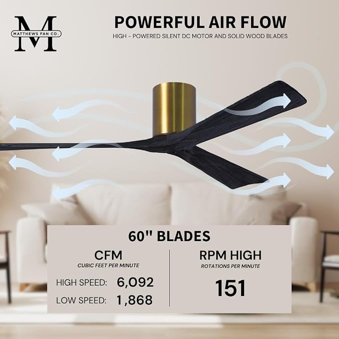 IR3H-BRBR-BK-60 Irene Damp Rated Flush Mount 60" Ceiling Fan with Remote & Wall Control, Silent DC Motor, 3 Matte Black Solid