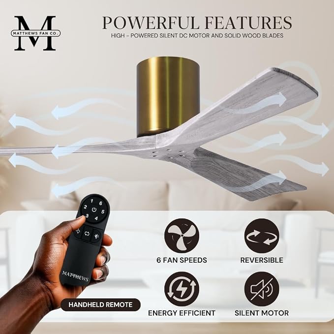 IR3H-BRBR-BW-52 Irene Damp Rated Flush Mount 52" Ceiling Fan with Remote & Wall Control, Silent DC Motor, 3 Barn Wood Tone