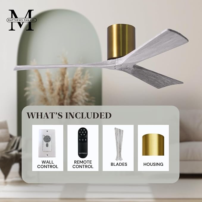 IR3H-BRBR-BW-52 Irene Damp Rated Flush Mount 52" Ceiling Fan with Remote & Wall Control, Silent DC Motor, 3 Barn Wood Tone