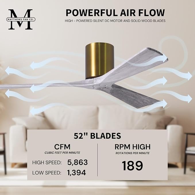 IR3H-BRBR-BW-52 Irene Damp Rated Flush Mount 52" Ceiling Fan with Remote & Wall Control, Silent DC Motor, 3 Barn Wood Tone
