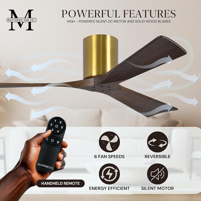 IR3H-BRBR-WA-72 Irene Damp Rated Flush Mount 72" Ceiling Fan with Remote & Wall Control, Silent DC Motor, 3 Walnut Tone Solid
