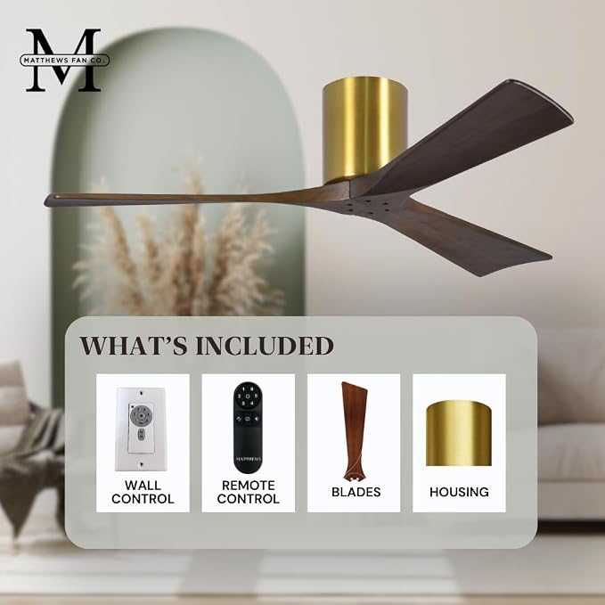 IR3H-BRBR-WA-72 Irene Damp Rated Flush Mount 72" Ceiling Fan with Remote & Wall Control, Silent DC Motor, 3 Walnut Tone Solid