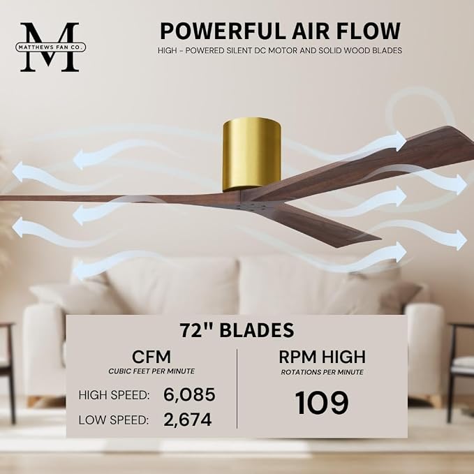 IR3H-BRBR-WA-72 Irene Damp Rated Flush Mount 72" Ceiling Fan with Remote & Wall Control, Silent DC Motor, 3 Walnut Tone Solid