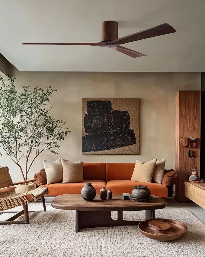 IR3H-BRBR-WA-72 Irene Damp Rated Flush Mount 72" Ceiling Fan with Remote & Wall Control, Silent DC Motor, 3 Walnut Tone Solid