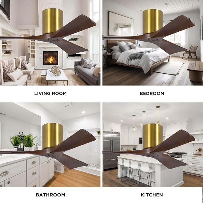 IR3H-BRBR-WA-72 Irene Damp Rated Flush Mount 72" Ceiling Fan with Remote & Wall Control, Silent DC Motor, 3 Walnut Tone Solid