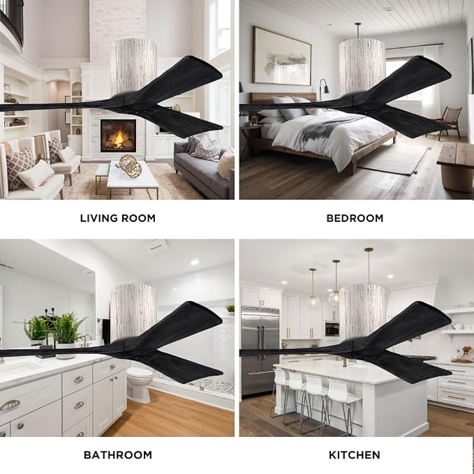 IR3H-BW-BK-42 Irene Damp Rated Flush Mount 42" Ceiling Fan with Remote & Wall Control, Silent DC Motor, 3 Matte Black Solid
