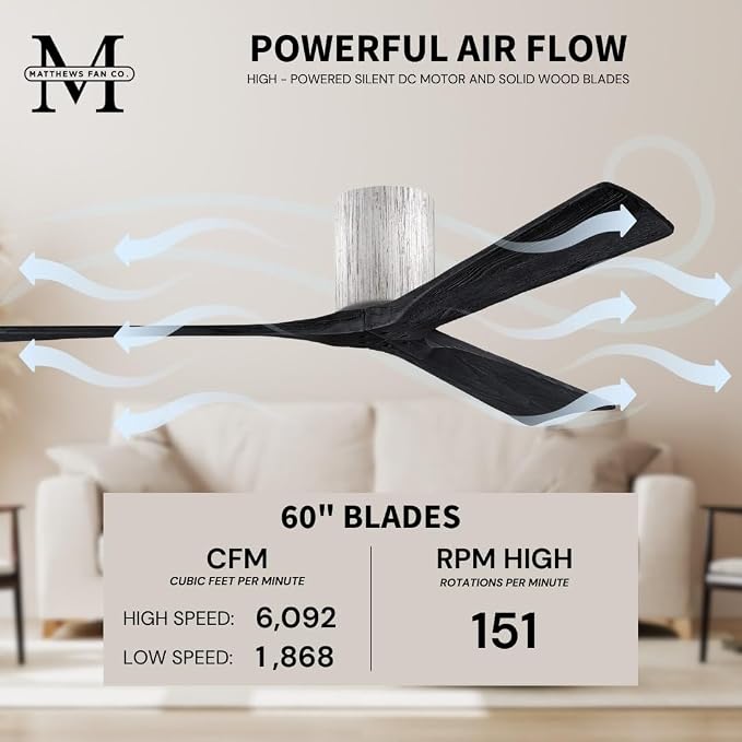 IR3H-BW-BK-60 Irene Damp Rated Flush Mount 60" Ceiling Fan with Remote & Wall Control, Silent DC Motor, 3 Matte Black Solid