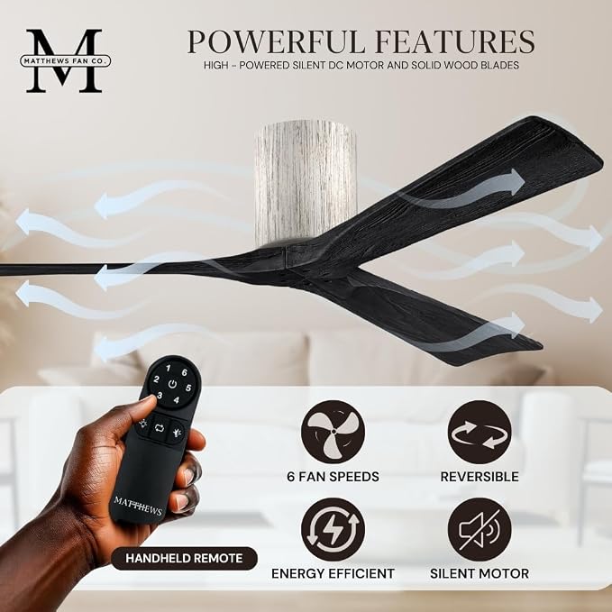 IR3H-BW-BK-72 Irene Damp Rated Flush Mount 72" Ceiling Fan with Remote & Wall Control, Silent DC Motor, 3 Matte Black Solid